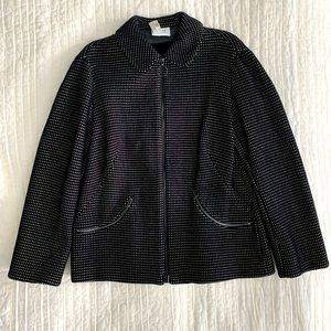 Akris Black and Tan front zip boucle jacket with leather collar, cuffs, & zip.